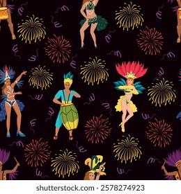 Seamless pattern with samba dancers, drummers and fireworks at the Brazilian Carnival. Vector illustration on a dark background.