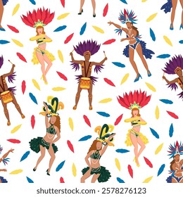 Seamless pattern with samba dancers, drummers and feathers at the Brazilian Carnival. Vector illustration on a white background