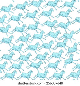 Seamless pattern with the same blue sheep in different positions, doodle illustration over white