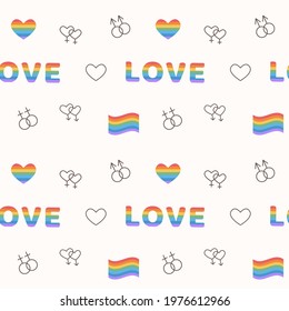 Seamless pattern with same sex signs. LGBT marriage outline icons. Background with lined art elements for queer community. Rainbow flag. Pride day. Gay parade. Flat style Illustration.
