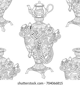 Seamless pattern with samovar and other dishes. High detailed tile texture with russian tea set for anti-stress coloring book. Template for textile, wrapping or scrapbook paper print.