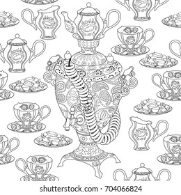 Seamless pattern with samovar and other dishes. High detailed tile texture with russian tea set for anti-stress coloring book. Template for textile, wrapping or scrapbook paper print.