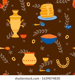 Seamless pattern with samovar, pancakes and other symbols of russian Shrovetide or Maslenitsa holiday, flat vector illustration. Repeatable background for prints.
