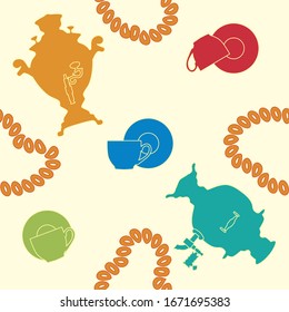 Seamless pattern with samovars, cups, bagels