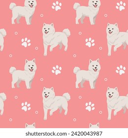 Seamless pattern with samoyed and paws. Background for pet shop, veterinary clinic, pet store, zoo, shelter. Flat style design, vector illustration.