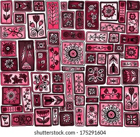 Seamless pattern. Sampler doodle flowers, leaves, hearts.