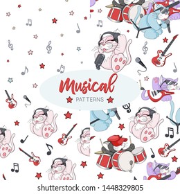 Seamless pattern samples set with cute cartoon musican kittens on white background. Melody and notes musical babys themes for textile, fabric, bedlinen, pillow, undergarment or wallpaper