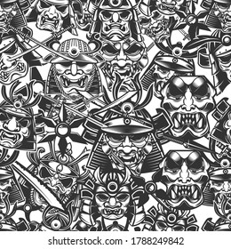 Seamless Pattern With Samurai Masks In Monochrome Style. Design Element For Poster, Card, Banner. Vector Illustration