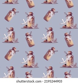Seamless pattern with sand bottle, seashells, corals. Maritime, sea coast, marine life, nautical concept. Vector illustration.