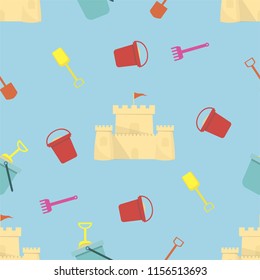 seamless pattern of sand castle, colorful blades, buckets on a light background.