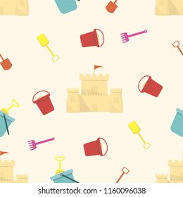 seamless pattern of sand castle, colorful blades, buckets on a light background.