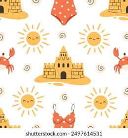 Seamless pattern with sand castle, sun, sea shell and swimsuit. Summer vacation seamless pattern. Vector illustration in flat style