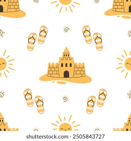 Seamless pattern with sand castle, sun, sea shell and flip flops. Summer vacation seamless pattern. Vector illustration in flat style