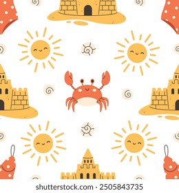 Seamless pattern with sand castle, sun, swimwear, sea shell and crabs. Summer vacation seamless pattern. Vector illustration in flat style