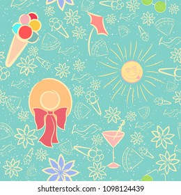 Seamless Pattern  with Sand Texture and Fun Summer Items Made with Color and Light Yellow Outline. Seamless Pattern with Summer Holidays Objects Related to Sea, Relaxation, Spa and Stuff