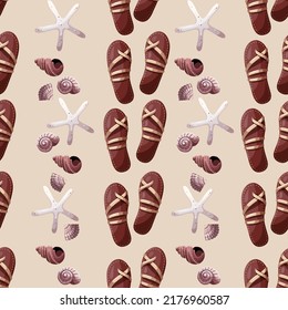 Seamless pattern with sandals, seashells and starfishes. Beach Holidays, Summer concept.Vector illustration. Perfect for product design, wallpaper, scrapbooking, textile, wrapping paper.