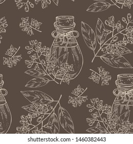 Seamless pattern with sandalwood flower and bottle of sandalwood essential oil. Cosmetic, perfumery and medical plant. Vector hand drawn illustration.