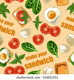 Seamless pattern with sandwich and ingredients for sandwich, vector illustration
