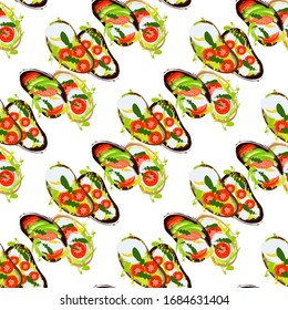 Seamless pattern of sandwiches with avocado, tomato, egg, arugula on a white background Vector