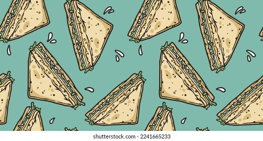 Seamless pattern with sandwiches with meat, cheese and vegetable for design of label or food banner. Breakfast fast food or toasted toast.