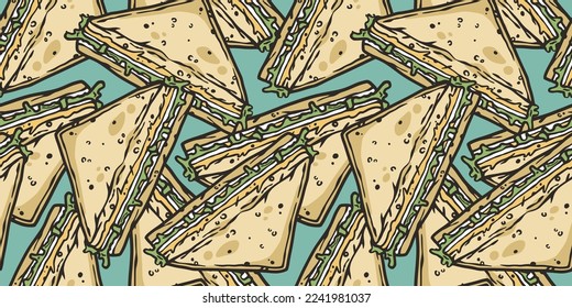Seamless pattern with sandwiches with meat, cheese and vegetable for design of label or food banner. Breakfast fast food or toasted toast.