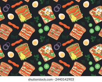 Seamless pattern with sandwiches with red fish, salmon. Vector food illustration with healthy breakfast or snack for textile, wrapping paper, t-shirts, print on black background.