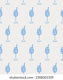 Seamless pattern of sangria cocktail with an orange slice, ice cubes, and straw. Line art, retro. Vector illustration for bars, cafes, and restaurants.