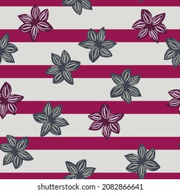Seamless pattern sanise on pink gray striped background. Vector repeat template spice in doodle style. Hand drawn elements nature texture for fabric, wrapping paper, wallpaper.
