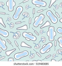 Seamless pattern with sanitary napkins and tampons. Feminine hygiene. Vector background. 