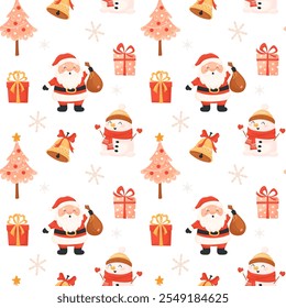 Seamless pattern with Santa, Christmas tree and snowman, isolated on white. Christmas pattern with Santa, for wrapping paper, textiles, etc. Flat style Christmas pattern in vector