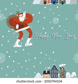 Seamless pattern with Santa Claus with a bag behind his back, snow covered houses.