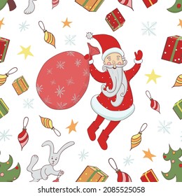 Patrón inconcluso de Santa Claus con bolsa de regalos y conejo. Ilustración vectorial.