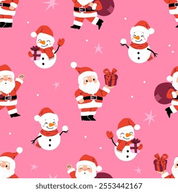 Seamless pattern with Santa Claus with bag of presents, snowman and gifts. Suitable for design of cards, banners, stickers, etc