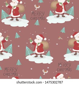 Seamless pattern with santa claus and birds. For wrapping paper or fabric. Vector graphics.
