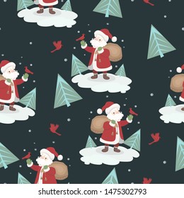 Seamless pattern with santa claus and birds. For wrapping paper or fabric. Vector graphics.