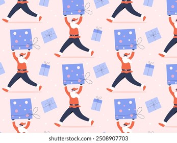 Seamless pattern of Santa Claus carrying large gifts, Christmas decoration design