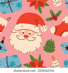 Seamless pattern with santa claus in cartoon style. Colorful Christmas design with santa claus and other festive elements.