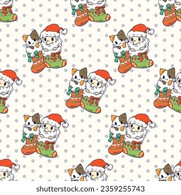 Seamless pattern of Santa Claus and a cat in large wool socks. Cute cartoon wallpaper for textile, christmas seamless pattern theme, for use as wallpaper or gift wrap paper.