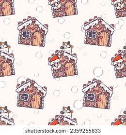 Seamless pattern of santa Claus and the cat in the gingerbread house. Cute cartoon wallpaper for textile, christmas seamless pattern theme, for use as wallpaper or gift wrap paper.