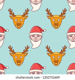 Seamless pattern with Santa Claus and   Christmas deer on teal background. Vector texture.