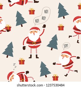 Seamless pattern of Santa Claus and Christmas trees.