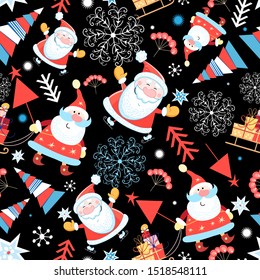 Seamless pattern of Santa Claus and Christmas trees on a dark background with snowflakes. Festive seamless ornament and design.