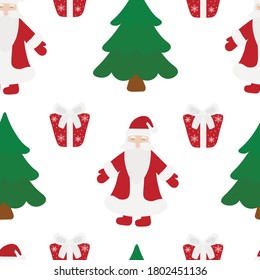 Seamless pattern Santa Claus Christmas tree gift vector illustration.