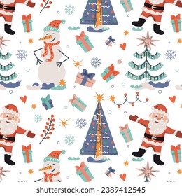 Nahtloses Muster mit dem Weihnachtsmann, Weihnachtsbaum, Schneemann, Geschenken.