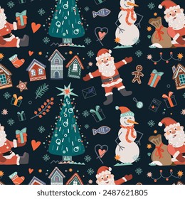 Seamless pattern with Santa Claus, Christmas tree, houses, gifts, snowflakes on a dark background.