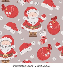 Seamless pattern with Santa Claus, Christmas stocking, and gift bag. Vector holiday texture in flat style. Suitable for wallpaper, wrapping paper, fabric, etc.