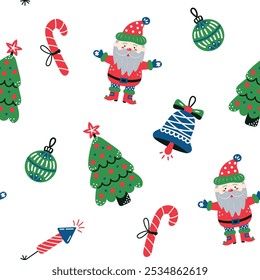 Patrón sin fisuras con Santa Claus y árbol de Navidad sobre fondo blanco. Navidades y Año Nuevo. Ilustración vectorial.