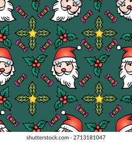 Patrón sin fisuras con adornos de Santa Claus y Navidades. Ilustración vectorial.