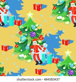 seamless pattern of Santa Claus and Christmas tree in New Year's balls and gifts vector illustration