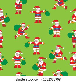 Seamless pattern with Santa Claus, colored doodles over a green background
